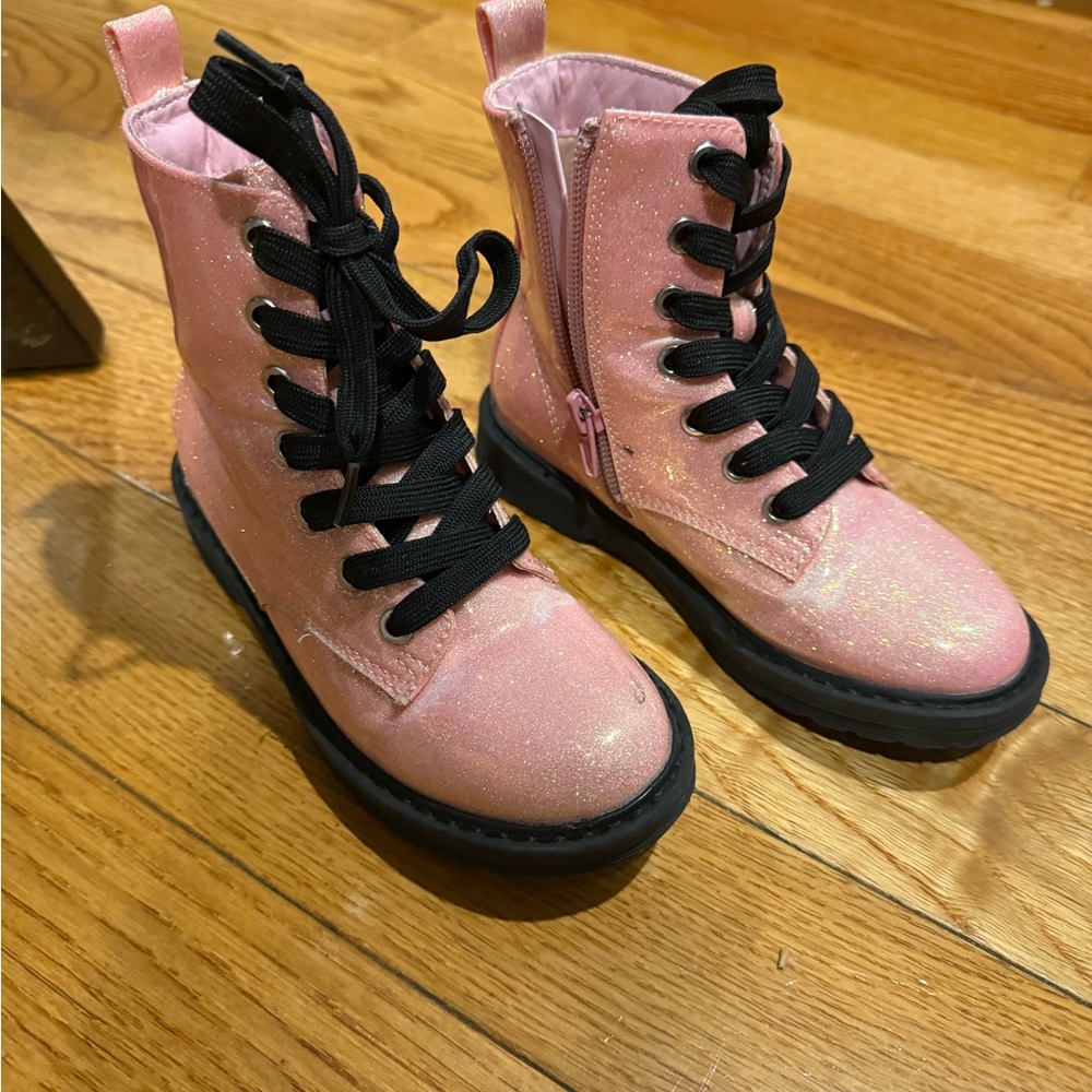 Girls Pink Glitter Combat Boots